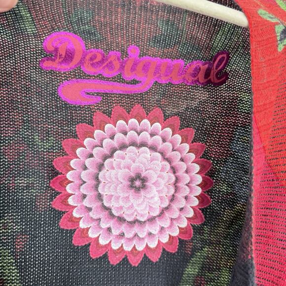 Desigual Wearable Art Open Cardigan Size Medium Gray Multi Floral Embellished - Picture 6 of 12